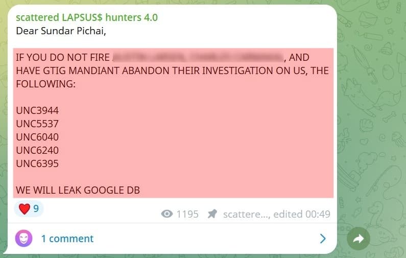 Scattered Lapsus$ Hunters Threaten Google with Data Leak Unless Security Experts Are Fired