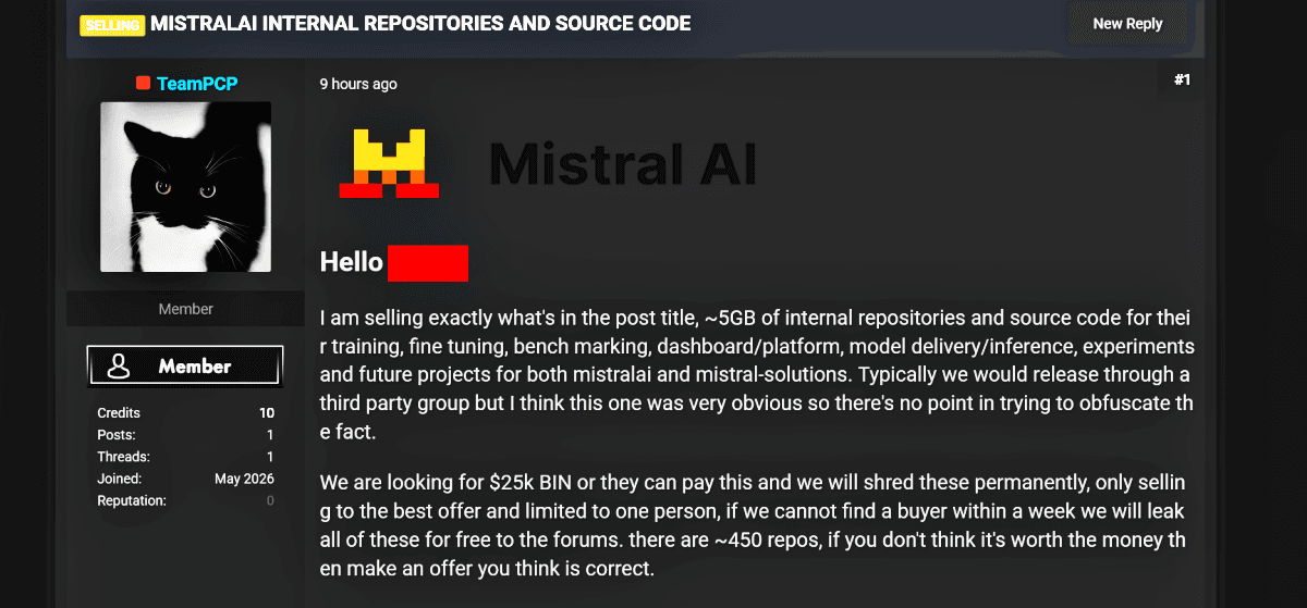 TeamPCP Claims Sale of Mistral AI Repositories Following Mini Shai-Hulud Supply Chain Attack