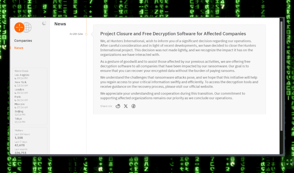 Ransomware Group Hunters International Ceases Operations