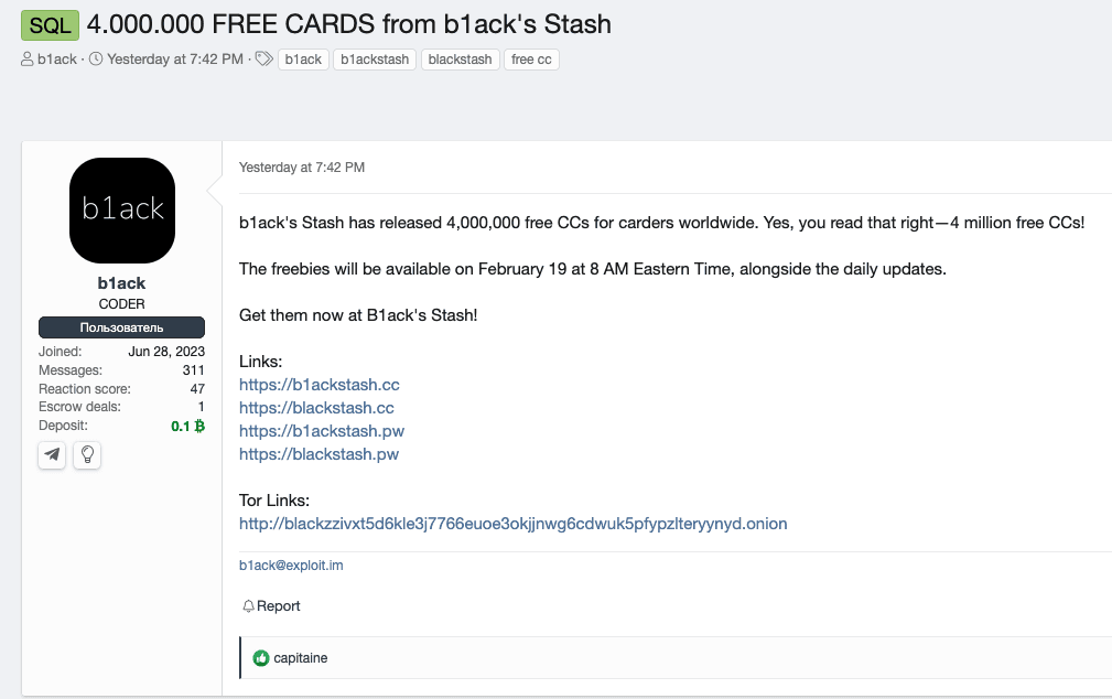 Carding Site B1ack’s Stash Releases Over a Million Unique Credit and Debit Cards