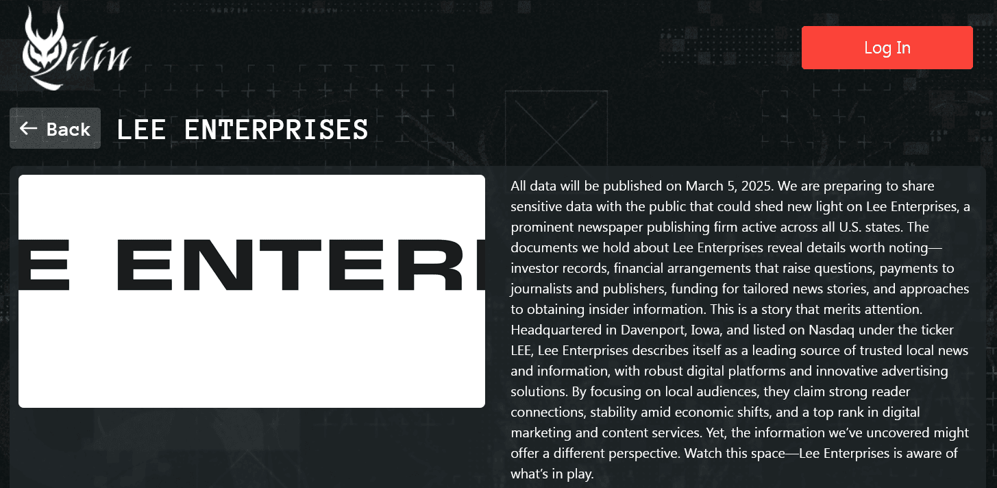 Qilin Ransomware Group Claims Responsibility for Attack on Lee Enterprises