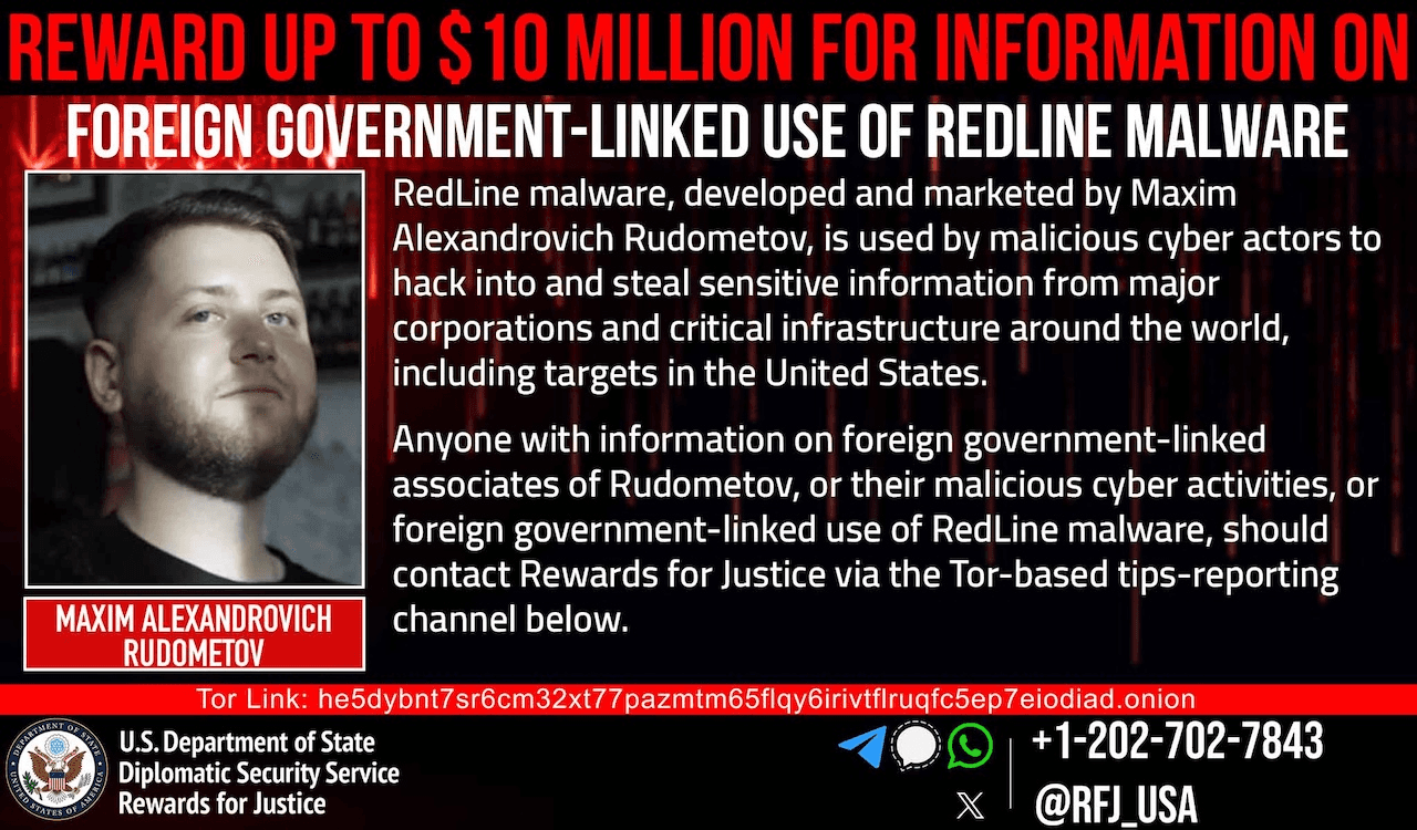 U.S. Offers $10 Million Reward for Information on RedLine Malware Creator and State Hackers