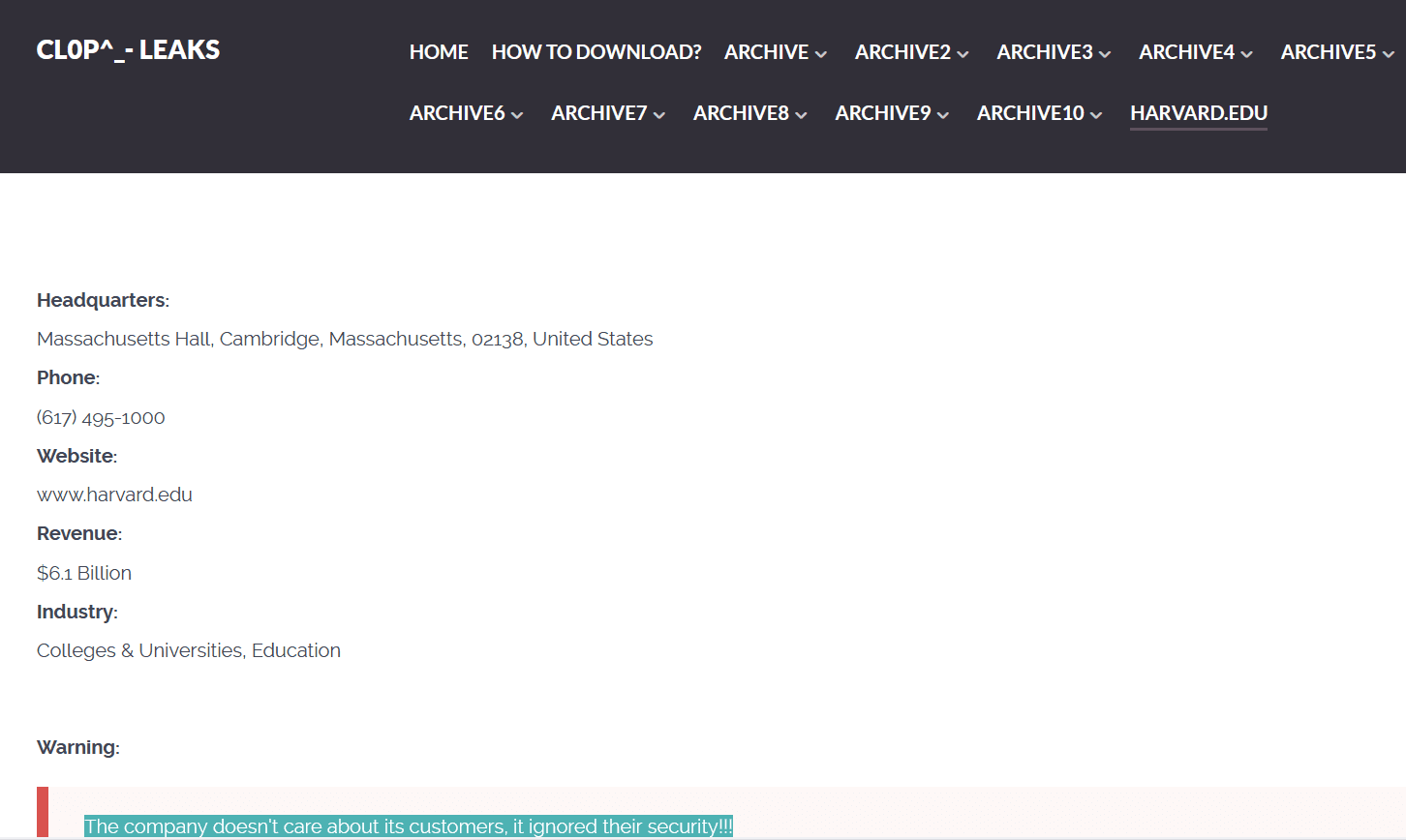 Clop Ransomware Group Claims Hack of Harvard University, Adds Institution to Data Leak Site