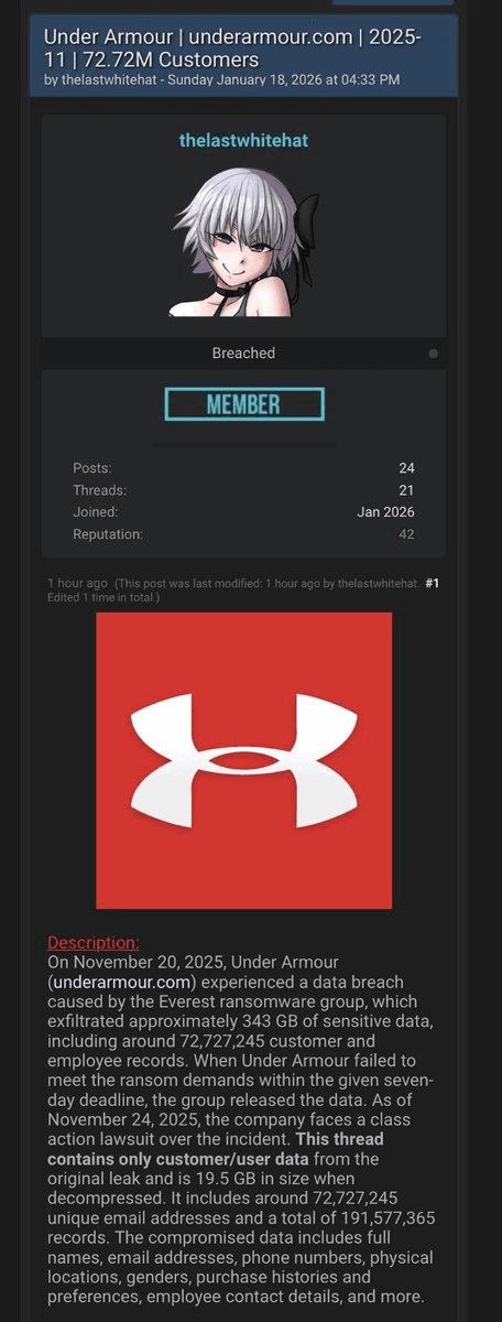 Under Armour Investigates Data Breach After 72 Million Customer Records Leaked Online